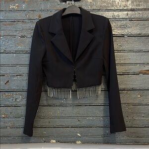 Zara Black Cropped Blazer with Notched Lapels and Fringe Detail
